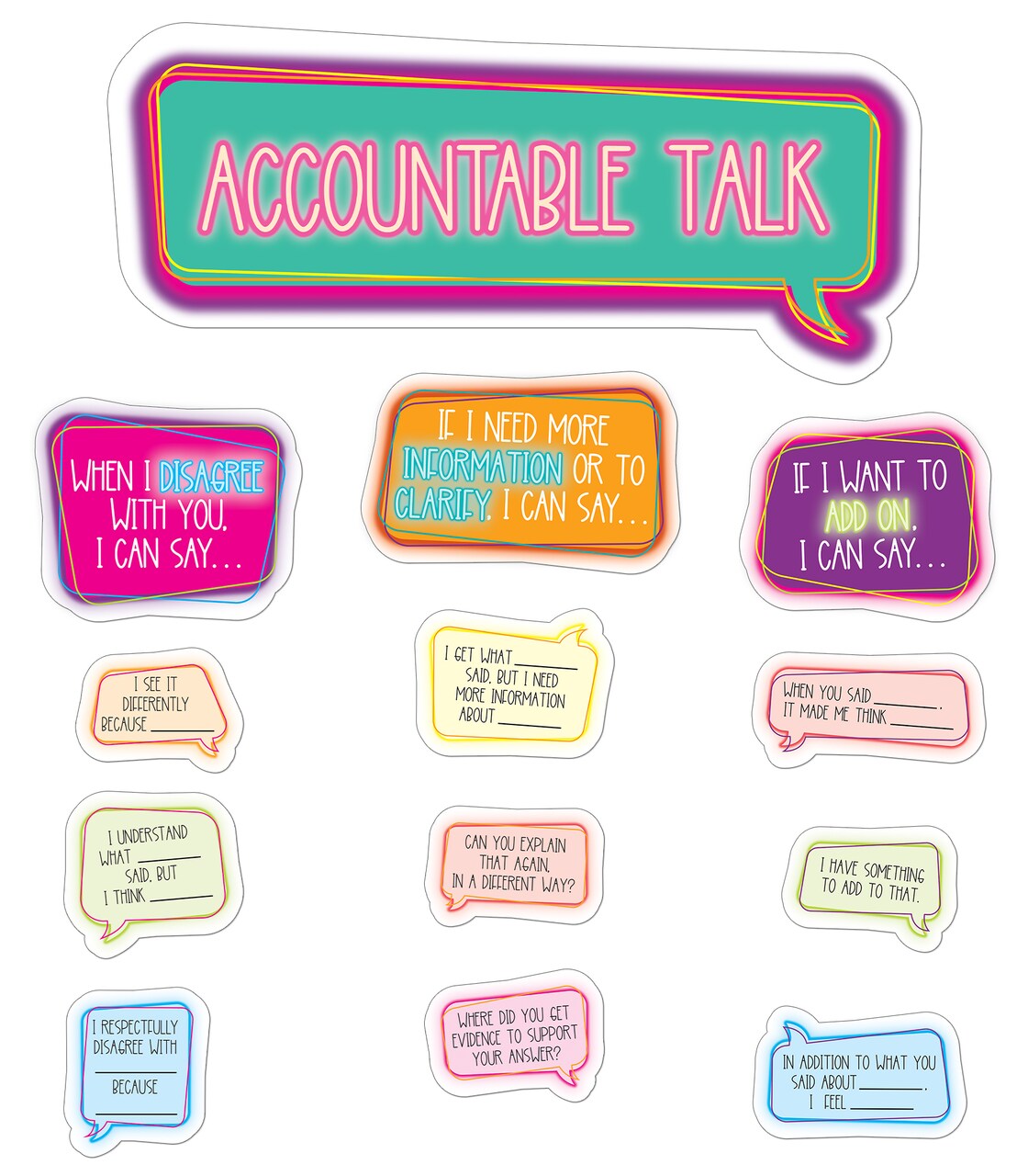 Carson Dellosa Accountable Talk Bulletin Board Set—Sentence Stem Speech Bubbles and Category Topic Signs for Group Discussions and Social-Emotional Learning, Homeschool or Classroom Décor (31 pc)